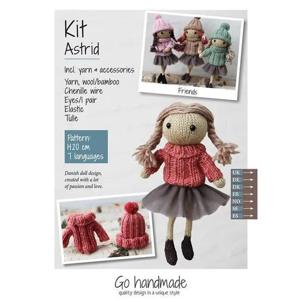 Go Handmade strikkekit Astrid Brunt hår/rød kjole/tylskørt
