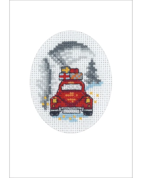 Broderikit Rød bil julekort 9 x 13 cm