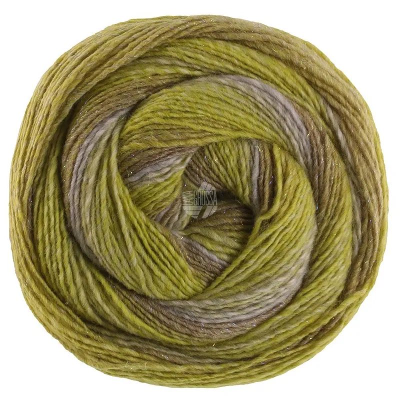 Lana Grossa Gomitolo Gala 4034 Lillagrå/mørk-/lys oliven/limegrøn