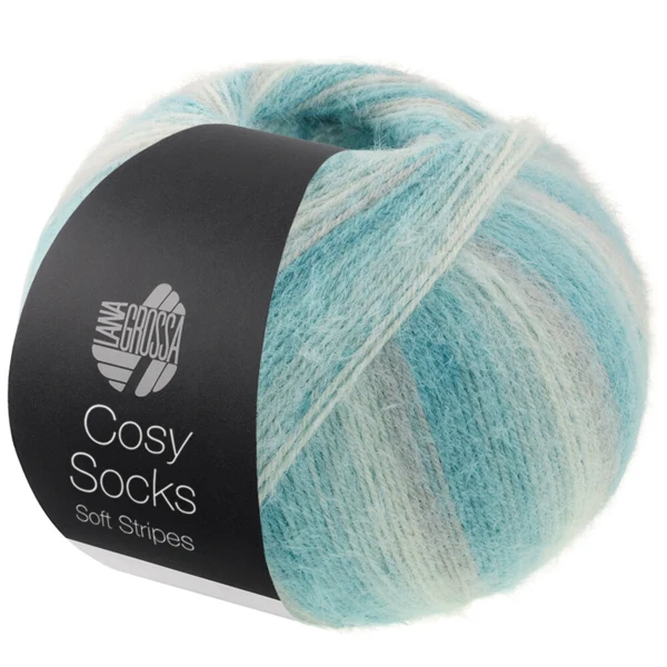 Lana Grossa Cosy Socks Soft Stripes 110 Lysegrå/mint/mintturkis/turkis/lys petrol