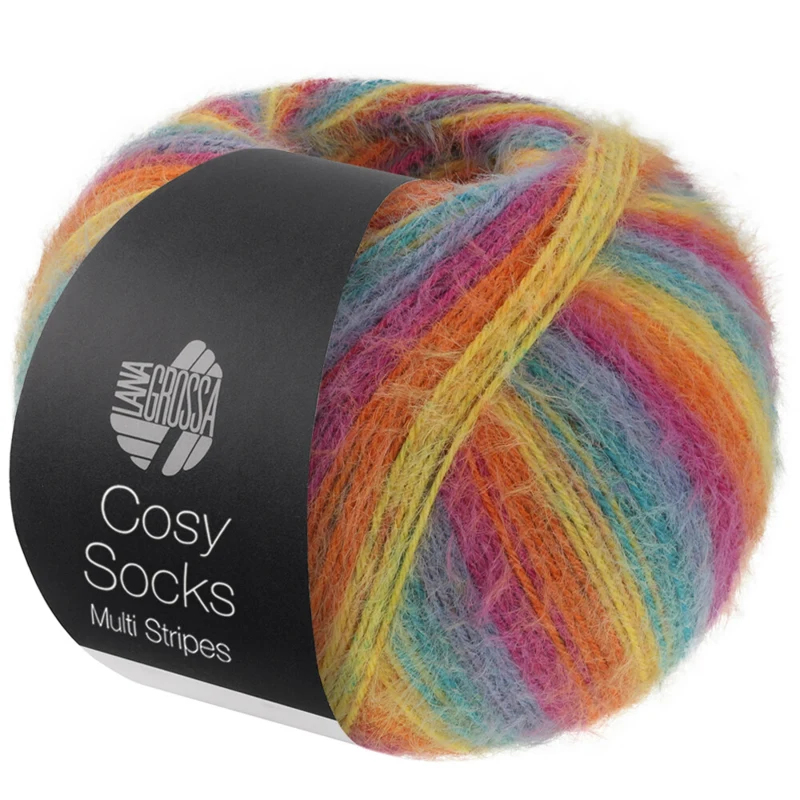 Lana Grossa Cosy Socks Multi Stripes 151 Petrol/røgblå/fuchsia/orange/gul