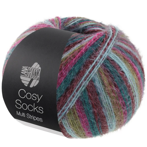 Lana Grossa Cosy Socks Multi Stripes 158 Petrol/mørk fuchsia/oliven/mintturkis/mørkerød