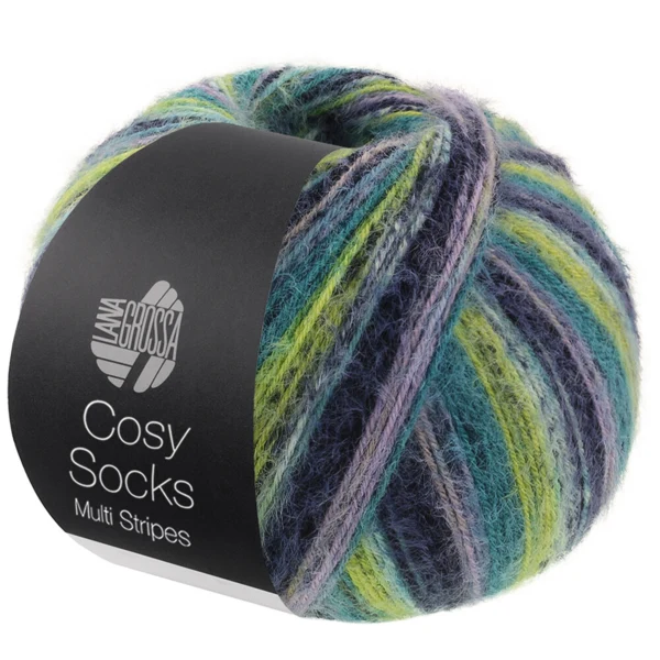 Lana Grossa Cosy Socks Multi Stripes 157 Lavendel/petrol/majgrøn/turkis/natblå