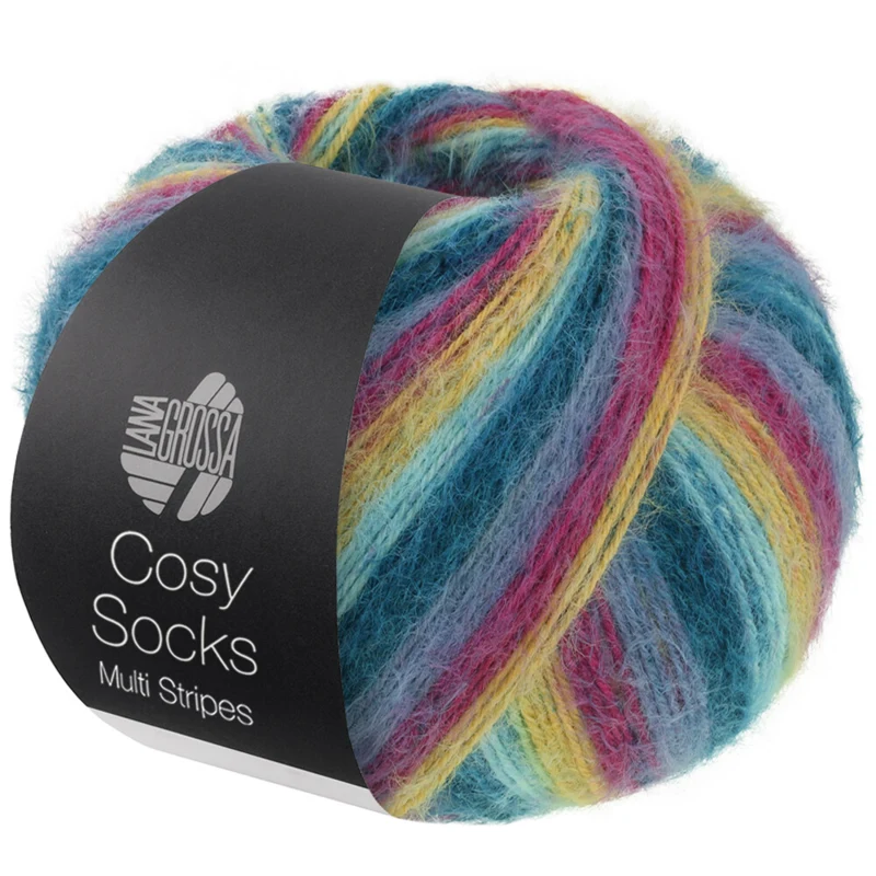 Lana Grossa Cosy Socks Multi Stripes 155 Mørk petrol/lys turkis/gul/orkidé/gråviolet
