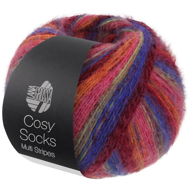 Lana Grossa Cosy Socks Multi Stripes 156 Blåviolet/vinrød/græskar/pink/grågrøn