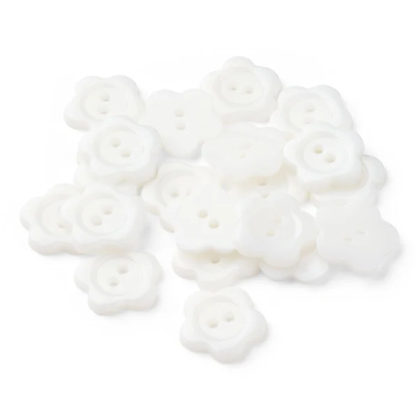 HobbyArts Plastikknapper, Hvid Blomst, 15 mm, 20 stk