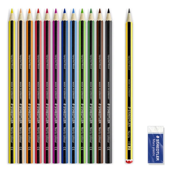 STAEDTLER Noris Club Farveblyanter + Blyant & viskelæder, 12 + 2 stk – Indhold