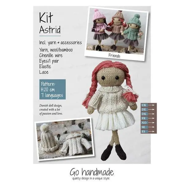 Go Handmade strikkekit Astrid Rødt hår/hvid kjole/blondeskørt