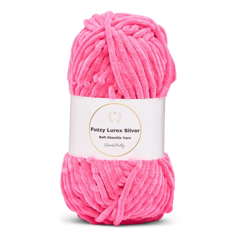 LindeHobby Fuzzy Chenille Silver Lurex 49 Neon lyserød