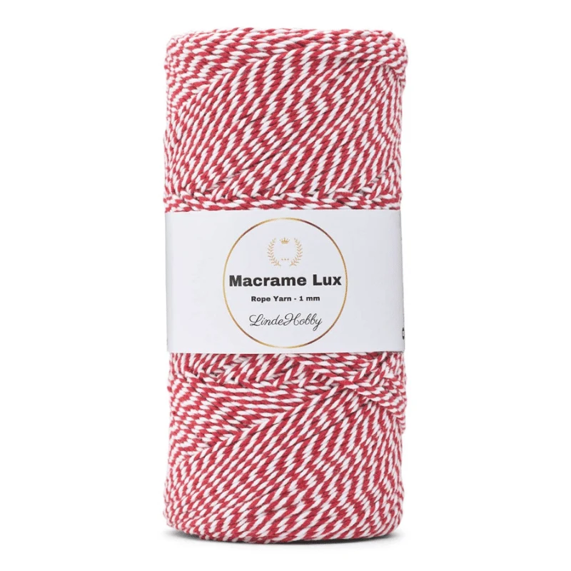 LindeHobby Macrame Lux, Knyttegarn, 1 mm 12 Rød og hvid