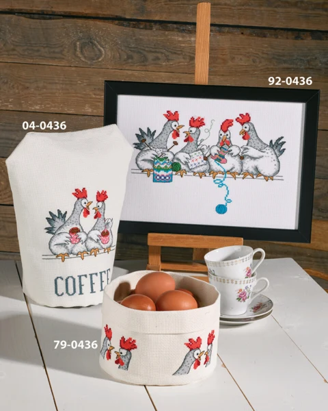 Broderikit Hønsesnak kaffevarmer 23 x 27 cm